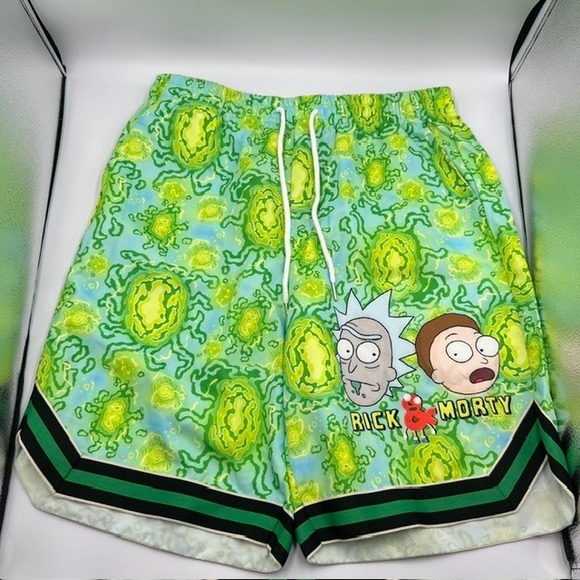 NWT Romwe Men's 8.5" Rick and Morty Green Portal Cartoon Shorts Size Medium - Picture 1 of 7